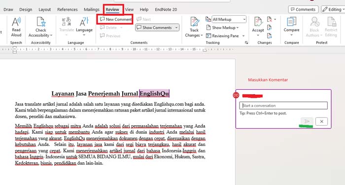 menambahkan komentar di microsoft word
