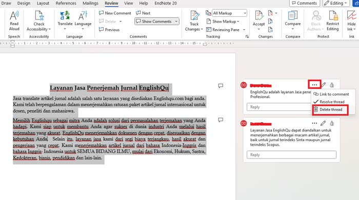 komentar di microsoft word