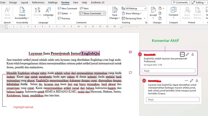 Komentar di Microsoft Word